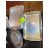PYREX SERVING DISH, SILVER PLATED VEGGIE DISH