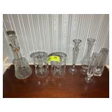 GROUP OF VASES, CANDLE HOLDERS, AND DECANTER