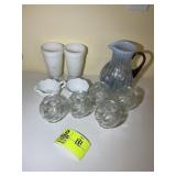 GROUP OF ASSORTED GLASSWARE, PITCHER, GOBLETS, ETC