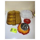 MILK GLASS CANDY DISH AND ORANGE GLASS SERVING TRA