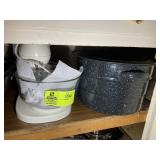 SHELF WITH CANNING POT, MIXER AND ELECTRIC GRILL