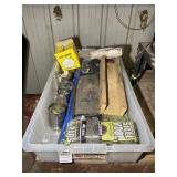 TOTE WITH MISC. HAND TOOLS, FASTENERS, DUST MASK,