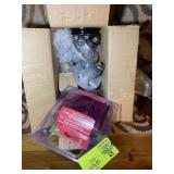 BOX CONTAINING MISC LAWNMOWER PARTS AND TRAILER LI