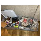 TWO TOTES OF MISC HOME REPAIR AND HARDWARE ITEMS