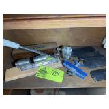 SHELF CONTAINING VINTAGE GLASSES, NUTCRACKER, BANK