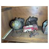 TOP SHELF INCLUDING BOOK ENDS, VINTAGE TOY TRAIN,