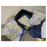 TOTE WITH BEDDING ITEMS, BLANKETS, SHEETS, ETC