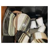TOTE WITH MULTI COLORED DISHES AND BAKE WARE
