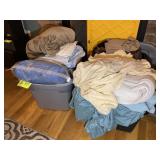 TWO LARGE TOTES OF LINENS, SHEETS, BLANKETS, ETC
