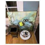 GROUP OF DECORATIVE ITEMS INCLUDING METAL PLANTER