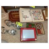 GROUP OF VINTAGE KIDS SKATES, STAMP ALBUMS, ETCH S