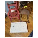 TWO VINTAGE KIDS ROCKING CHAIRS AND STEP STOOL