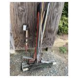 GROUP OF YARD HAND TOOLS, RAKE, GREEN ROLLER,