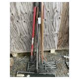 GROUP OF YARD HAND TOOLS, RAKE, GREEN ROLLER,