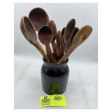 CERAMIC CROCK WITH VINTAGE WOODEN KITCHEN UTENSILS