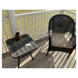 PAIR OF WICKER PATIO CHAIRS AND SMALL SIDE TABLE