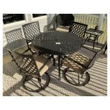 42 IN METAL PATIO TABLE AND 4 SWIVEL BASE CHAIRS W