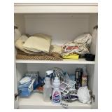 CONTENTS OF CABINETS ABOVE DRYER, IRON, SHELF LINE