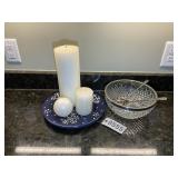 GLASS SERVING BOWL AND CANDLES