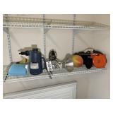 CONTENTS ON SHELF IN GARAGE, BLOWER, WORK LIGHTS,