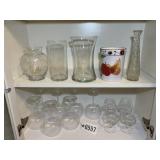 TWO SHELVES OF ASSORTED STEMMED GLASSWARE AND VASE