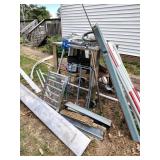 LARGE GROUP OF MISC ITEMS, METAL SHELF, POOL LADDE