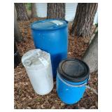 GROUP OF PLASTIC DRUMS, ONE 50 GALLON