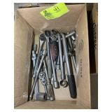 BOX WITH ASSORTED 1/2 DRIVE RATCHETS, EXTENSIONS,