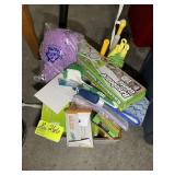 GROUP OF DUSTERS, MOPS, CLEANING ITEMS