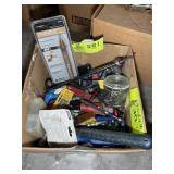 BOX WITH ASSORTED TOOLS, HOT GLUE GUN, PLYERS, HAM