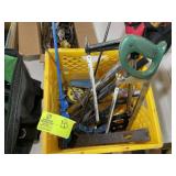 MILK CRATE WITH ASSORTED HAND TOOLS, SAWS, PIPE WR
