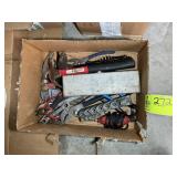 BOX WITH ASSORTED HAND TOOLS, PLYERS, WRENCHES, HA