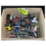 BOX WITH MISC HAND TOOLS, PLYERS, TAPE MEASURERS,