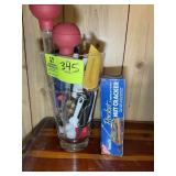 PLASTIC VASE WITH KITCHEN RELATED ITEMS, BASTERS,