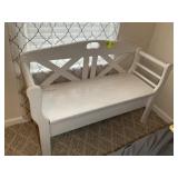 WHITE WOODEN BENCH WITH STORAGE, 48 IN X 18 IN X 3