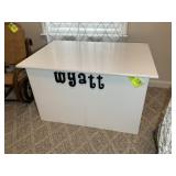 LARGE WOODEN TOY BOX WITH THE NAME WYATT  ON THE F