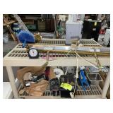 TWO SHELVES WITH ASSORTED CONTENTS, LAMPS, DRYWALL
