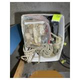 BOX WITH ASSORTED ROPES, SCRAPS, KNEE PADS