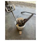 BUCKET WITH MISC TOOLS, DRYWALL MUD MIXERS, SNIPS,