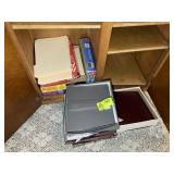 GROUP OF MISC OFFICE SUPPLIES, LEATHER BINDERS, FI