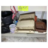 BOTTOM TWO SHELVES INCLUDING BOWLS, CUSHIONS, BUCK