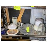 SHELF WITH ASSORTED GLASS BOWLS, MIXING BOWLS, ETC