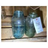 TWO ATLAS STRONG SHOLDER BLUE GLASS CANNING JARS