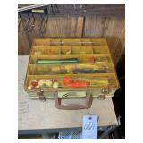 AMBER AND TAN TACKLE BOX, FULL, LURES, ETC