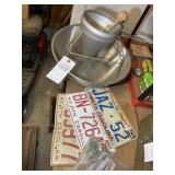 METAL MIXING BOWL, LICENSE PLATES, STRAINER