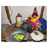 CAST IRON JESTER BANK, CLOWN DOLL, ETC