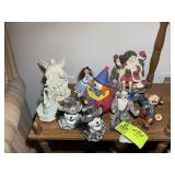 SHELF WITH ASSORTED FIGURINES, ANGLE, CLOWN, SWAN,