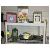 TWO SHELVES OF KITCHEN RELATED ITEMS