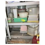 TWO SHELVES OF ASSORTED TUPPERWARE AND PLASTIC STO