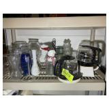CONTENTS OF SHELF, VASES, COFFEE POTS, ETC